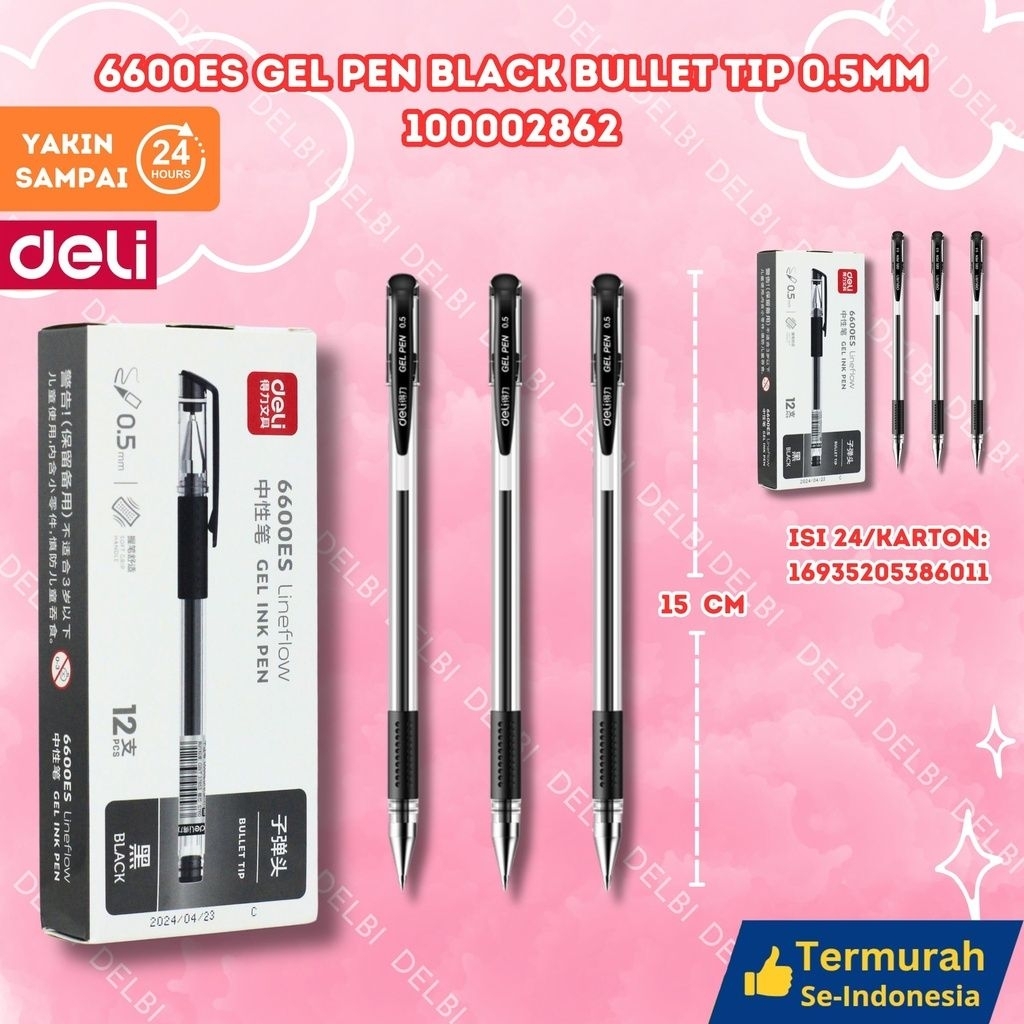 

6600ES Gel Pen BLACK Bullet tip 0.5mm DELI TINTA BX144 BX1728 BX12 BX3
