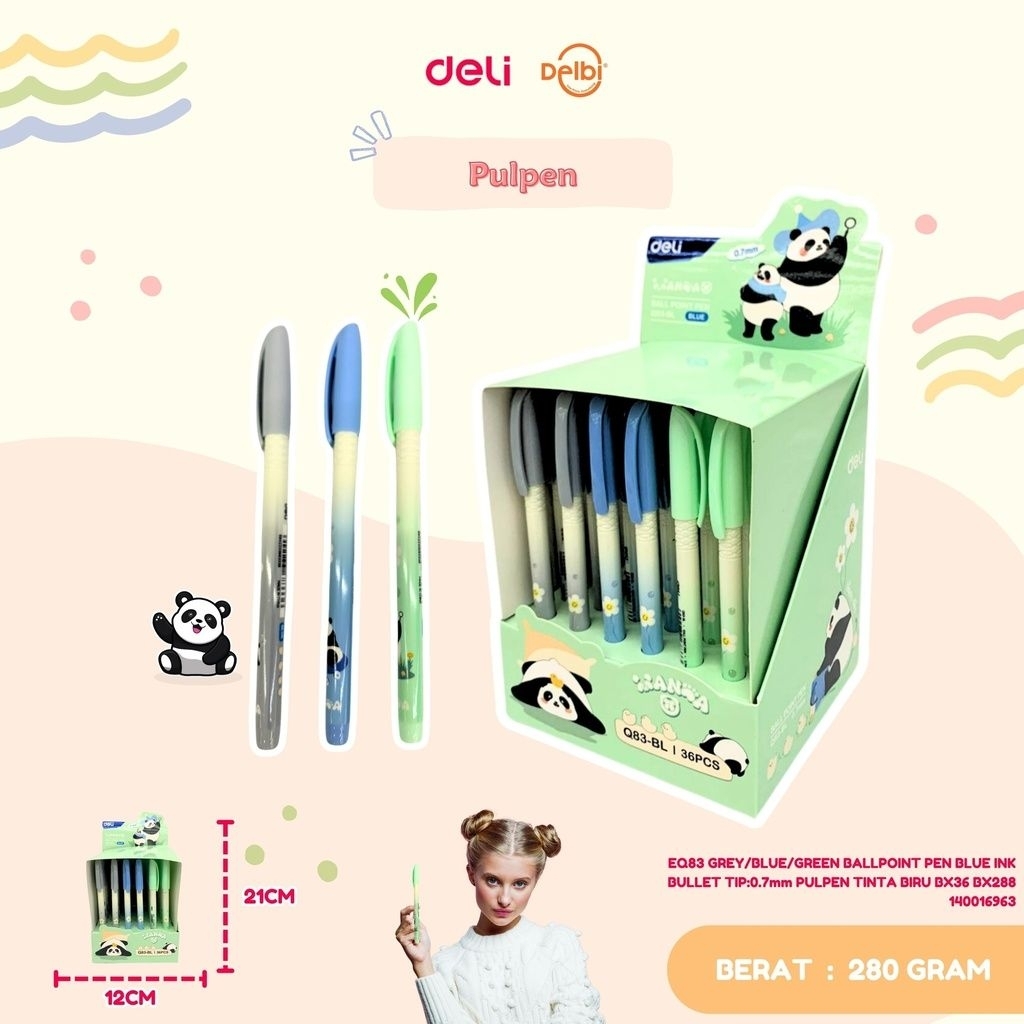 

DELI EQ83 GREY/BLUE/GREEN BALLPOINT PEN BLUE INK BULLET TIP:0.7mm PULPEN TINTA BIRU BX36 BX288