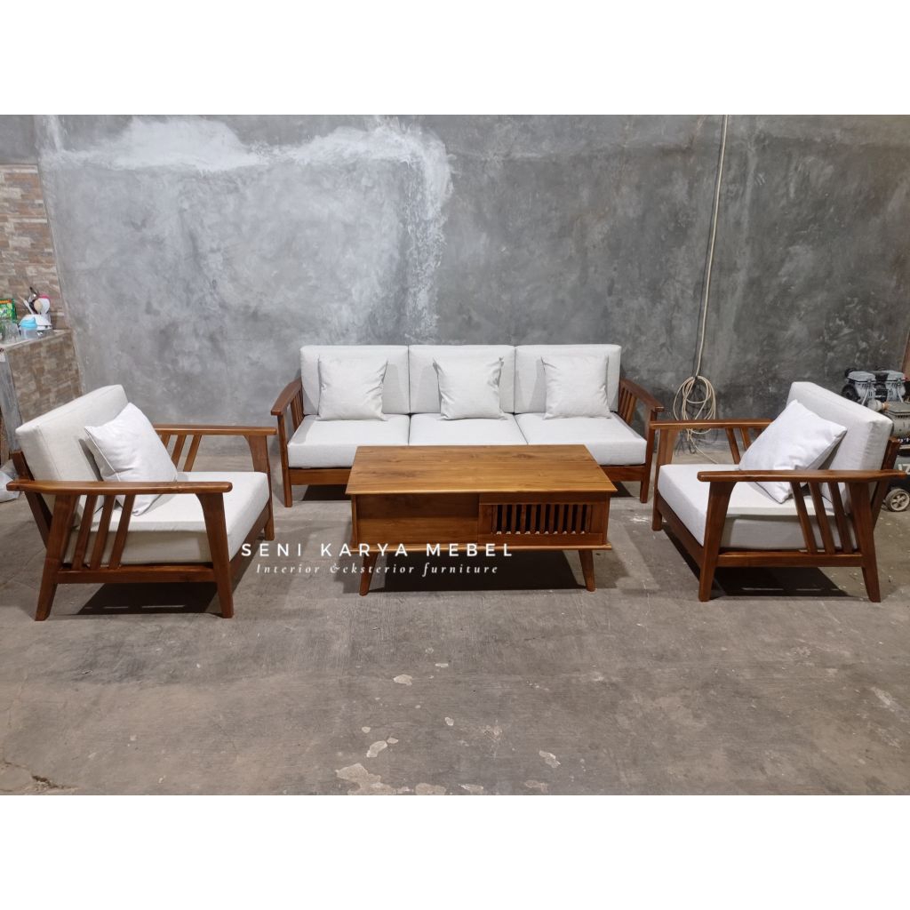 Set Kursi Tamu Sofa Minimalis Modern, Kursi Tamu Jengki Kayu Jati Grade A