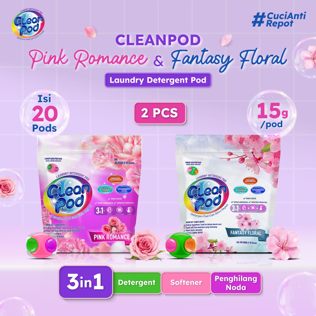 [ CLEANPOD ] Fantasy Floral + Pink Romance Scent Laundry Detergent Pods (1 Pack 20 Pods x 15 Gr)