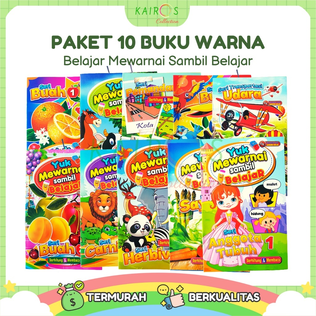 

Paket 10 Buku Warna dan Crayon, Pensil Warna Belajar Anak Motif Buah, Sayur, Kendaraan, Binatang