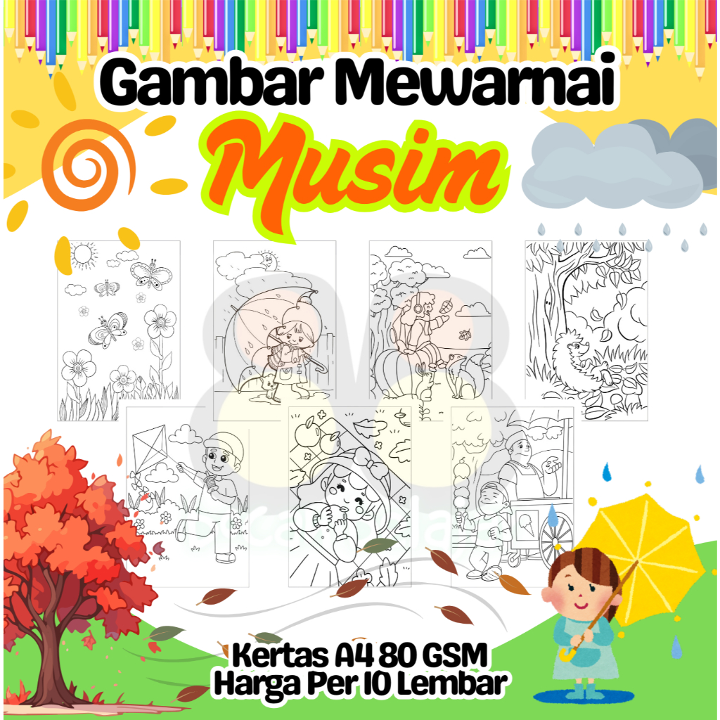 

10 Lembar Kertas A4 Gambar Mewarnai Tema MUSIM CUACA SEASON Termurah - Anak Anak TK SD PAUD Remaja