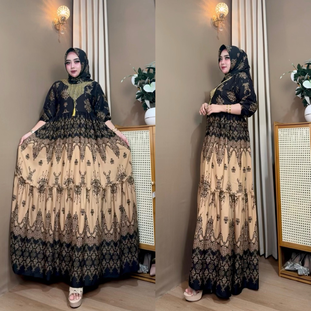 Gamis Wanita Hijab Renda Salvina Standrt Bahan Katun Rayon Ld 110 Pb:138 Resleting depan Kret depan 