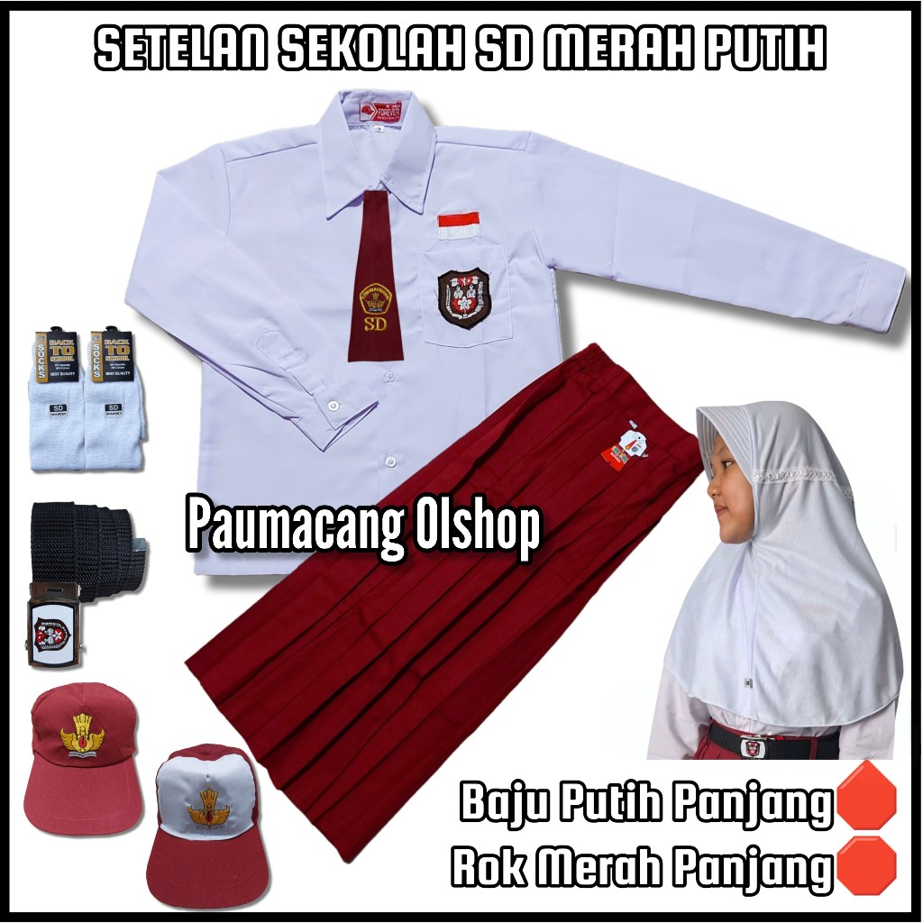 Setelan Seragam Sekolah SD Merah Putih Anak Perempuan Baju Putih SD Lengan Panjang Rok Merah Panjang