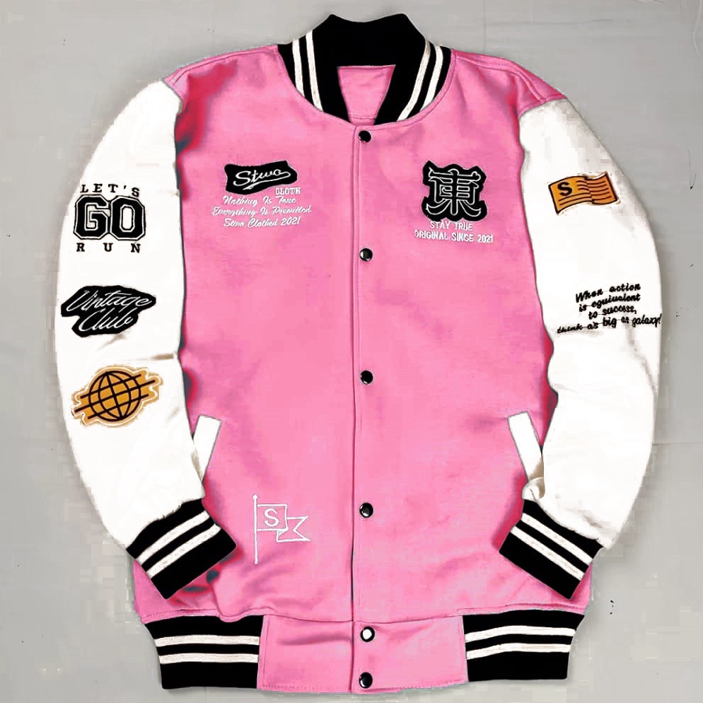 KODE A62H Jaket VARSITY PINK New Arrival  Jacket BASEBALL DUSTY PINK Original Pria Wanita Flecce Teb