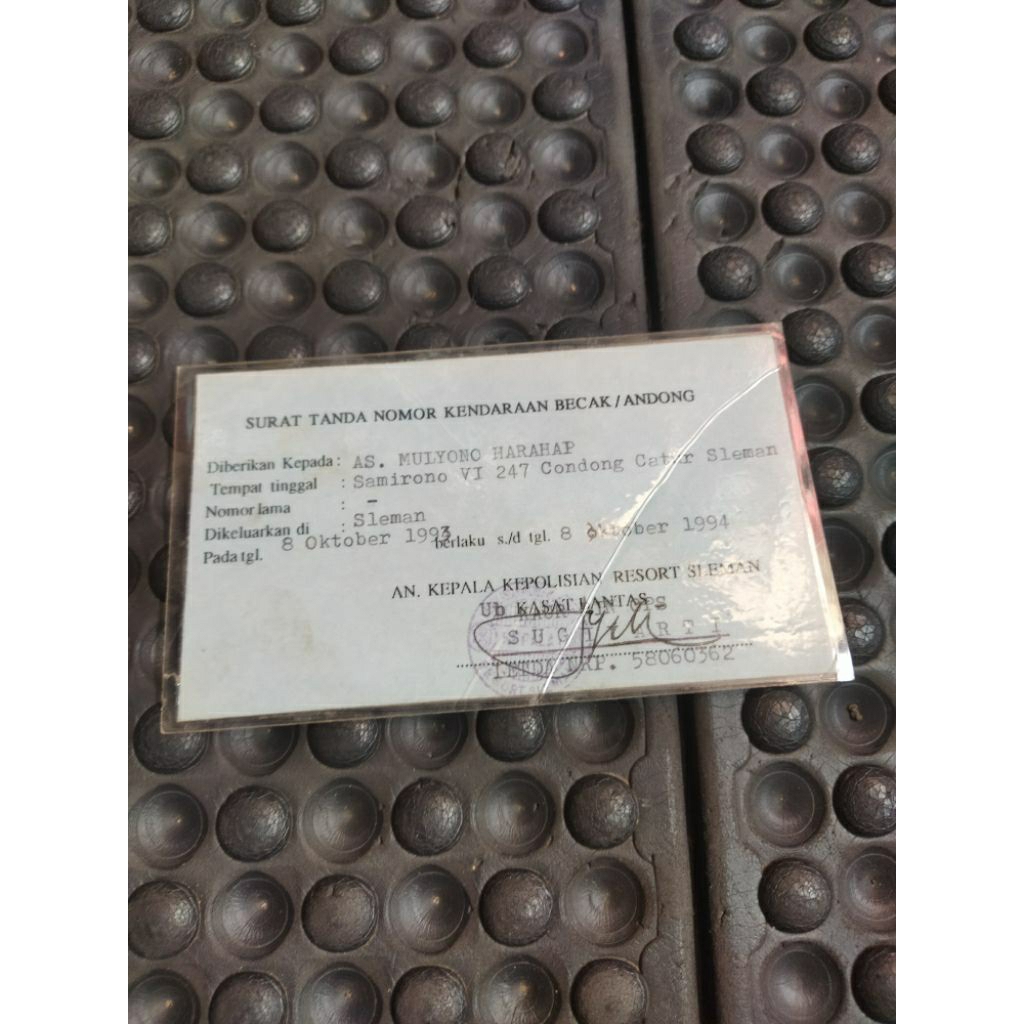 

dokumen arsip jadul STNK becak / andong