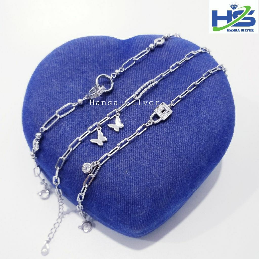 Gelang Perak Asli Silver 925 Lapis Emas Putih Model Rantai  Nori Fancy Catena Gantungan Kupu-Kupu