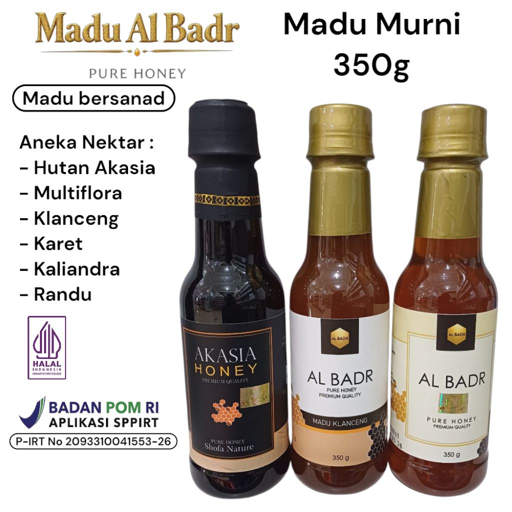 

Madu Al Badr Premium Pure Honey 350gr Madu Klanceng / Akasia Honey / Pure Honey premium / Madu Randu / Madu Kaliandra / Madu Karet