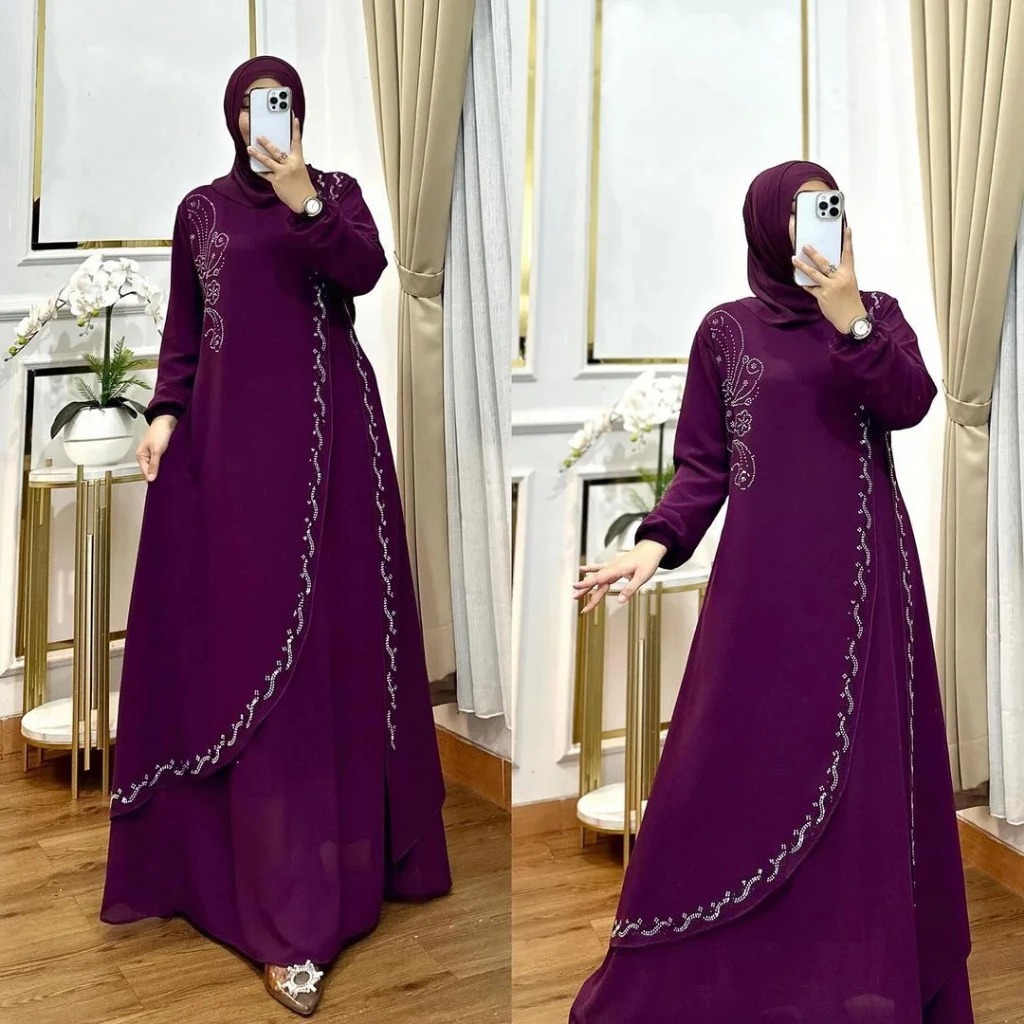 Gamis Terbaru Simple Elegan Elvira Dress BO Bahan Ceruty Babydoll Swarosky Size M L XL XXL XXXL Dres