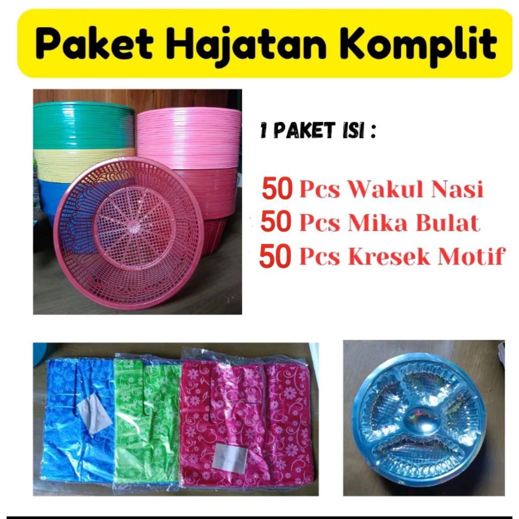 paket perlengkapan hajatan isi 50 pcs wakul ,mika lauk dan plastik warna/paket komplit besek hajatan