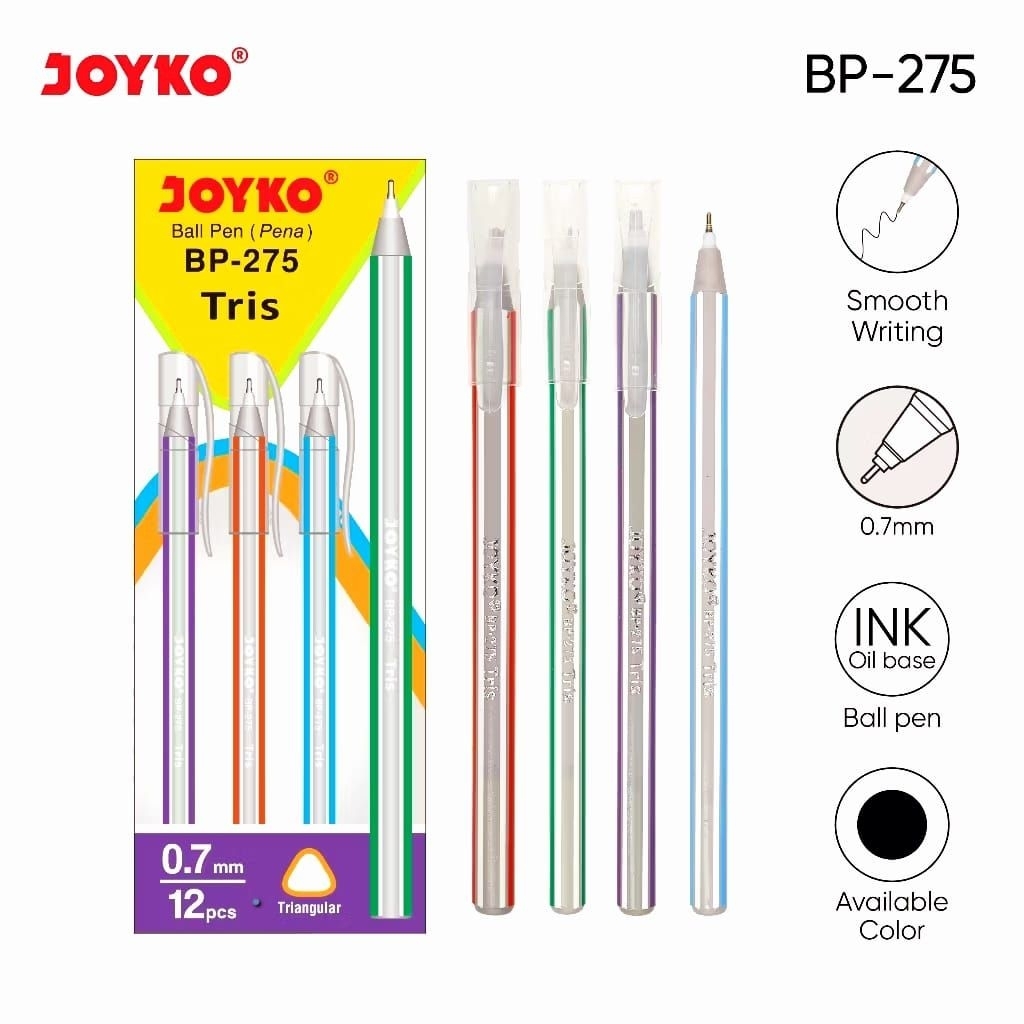 

Pulpen Joyko BP-275 0,7mm /Pulpen Joyko Tris Triangular Dijual ( 1 Pak=12 PCS dan Ecer= 6 PCS )