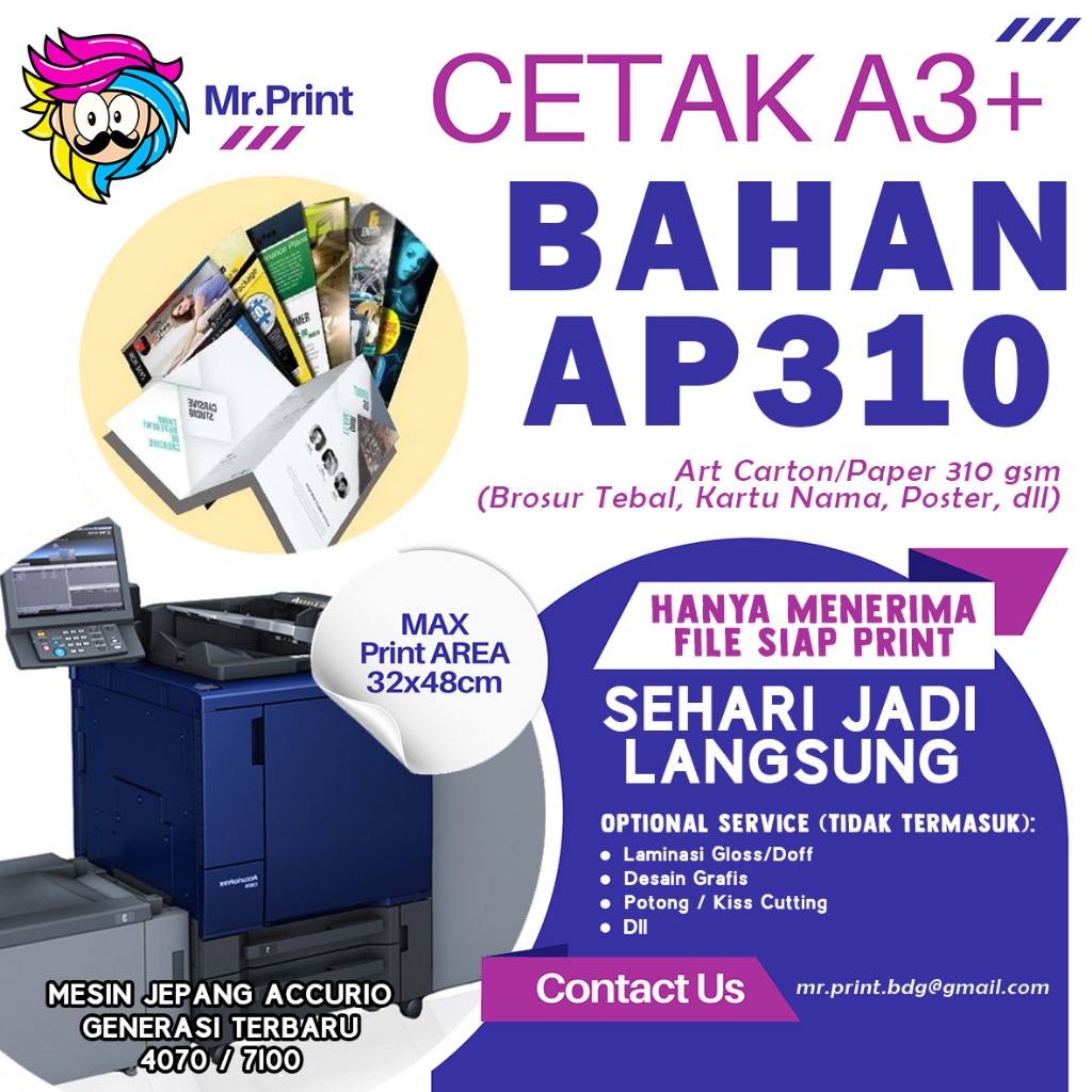 

Jasa Digital Print Cetak A3+ kertas Ap310 Ac310 Art Carton 310gsm Art Paper 310 Percetakan Kertas Digital Laser Toner Print Mesin Jepang Konica Minolta Accurio 2026 -MR.PRINT