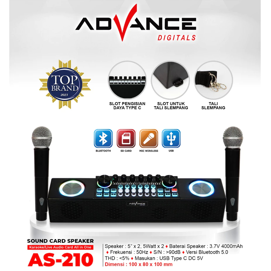 Speaker Bluetooth + Soundcard Advance AS-210 Karaoke (Free 2 Mic)