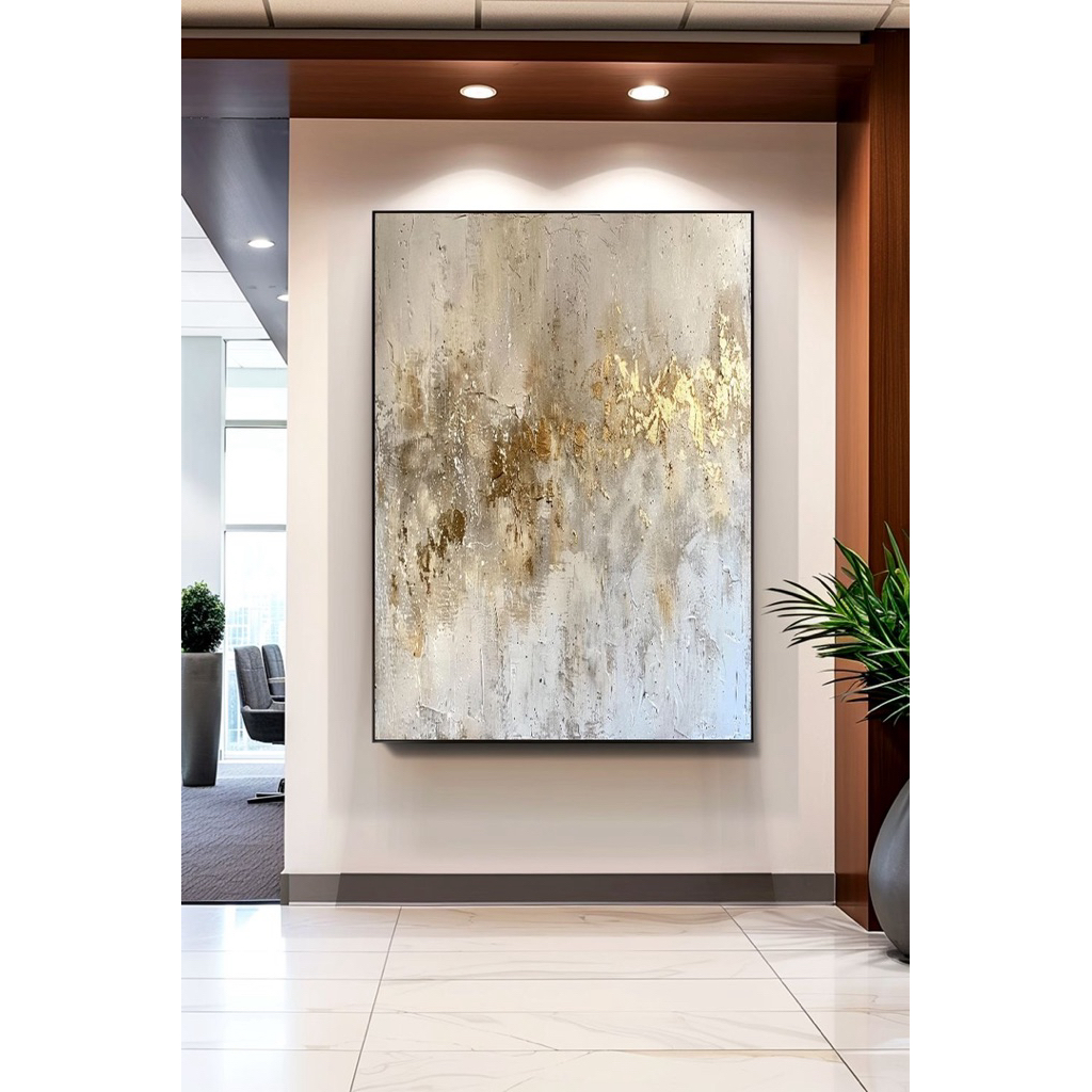 Lukisan Dinding Abstrak Gold Tekstur Timbul | Lukisan Handmade | Lukisan 3D Aesthetic