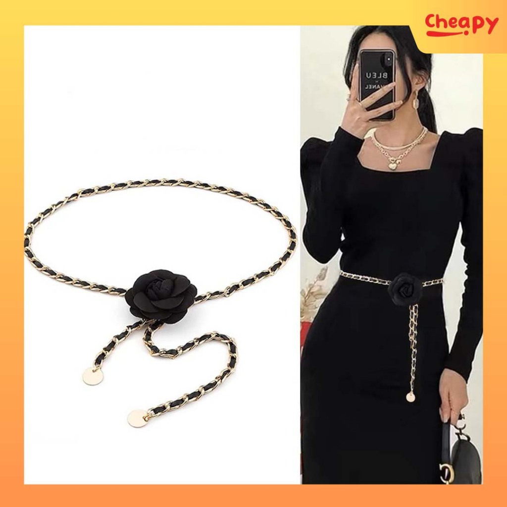 Ikat Pinggang Belt Sabuk Model Rantai Gesper Mawar Hitam Gold Kulit Adjustable Aksesoris Fashion Wan