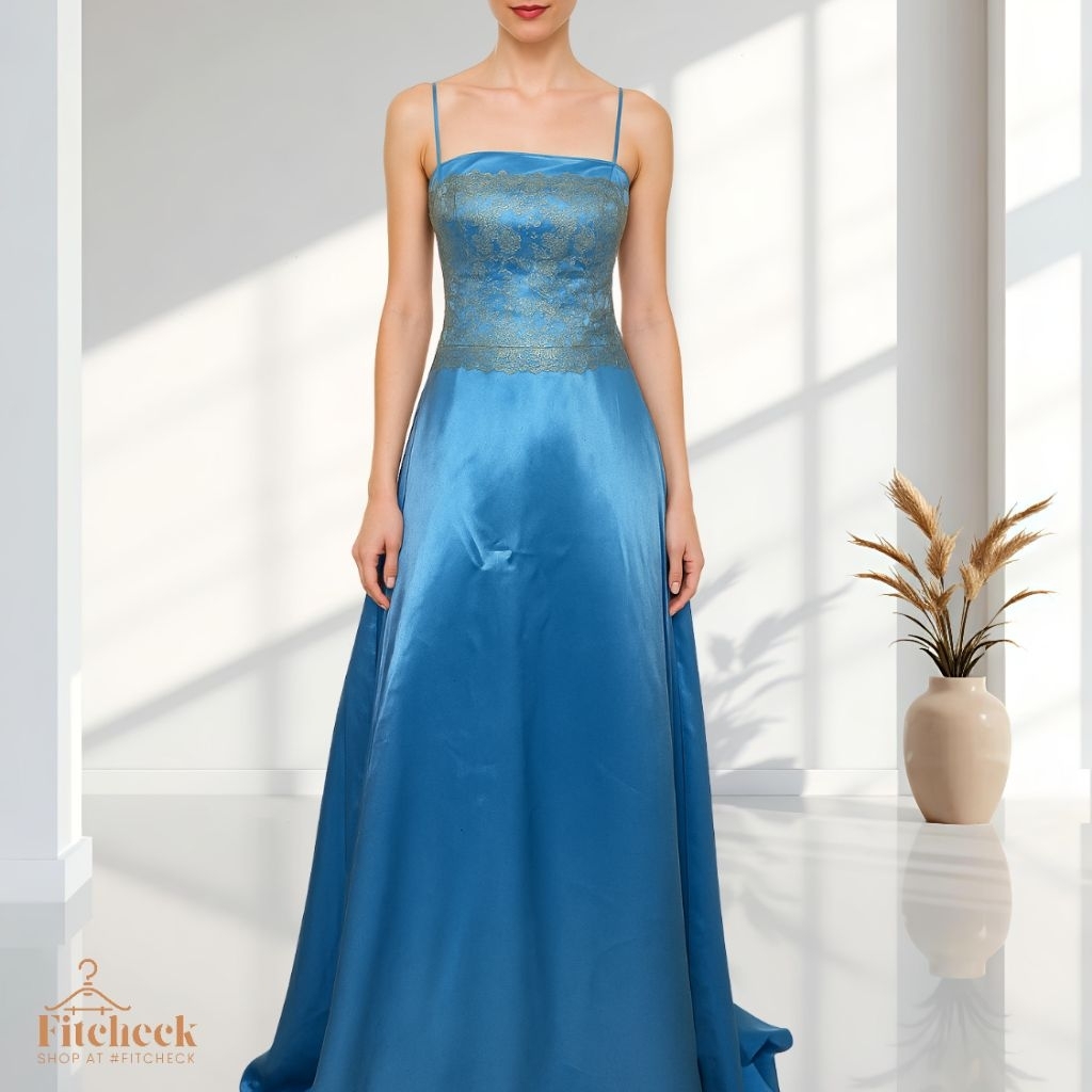 D35 - PRELOVED Prom Gown Satin Vintage Dresses for Woman Blue Dress Gaun Pesta Mewah Sweeping Train