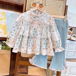 DaadaaKids 3-10 tahun stelan katun atasan bunga cream celana denim fashion Viral Anak Perempuan Term
