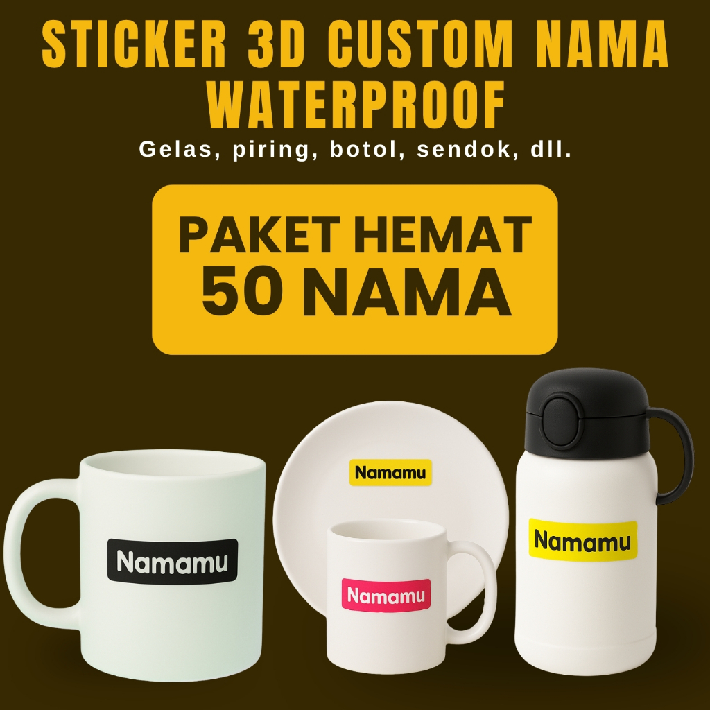 

50 PCS Stiker Barang Custom Nama Piring Sendok Botol Gelas Perabotan timbul waterproof label