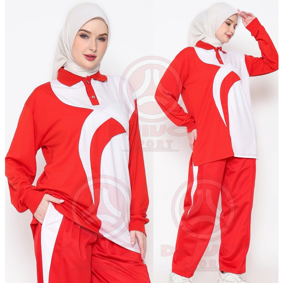 Setelan Baju Senam Merah Putih  Setelan Baju Olahraga Pria dan Wanita Daivo