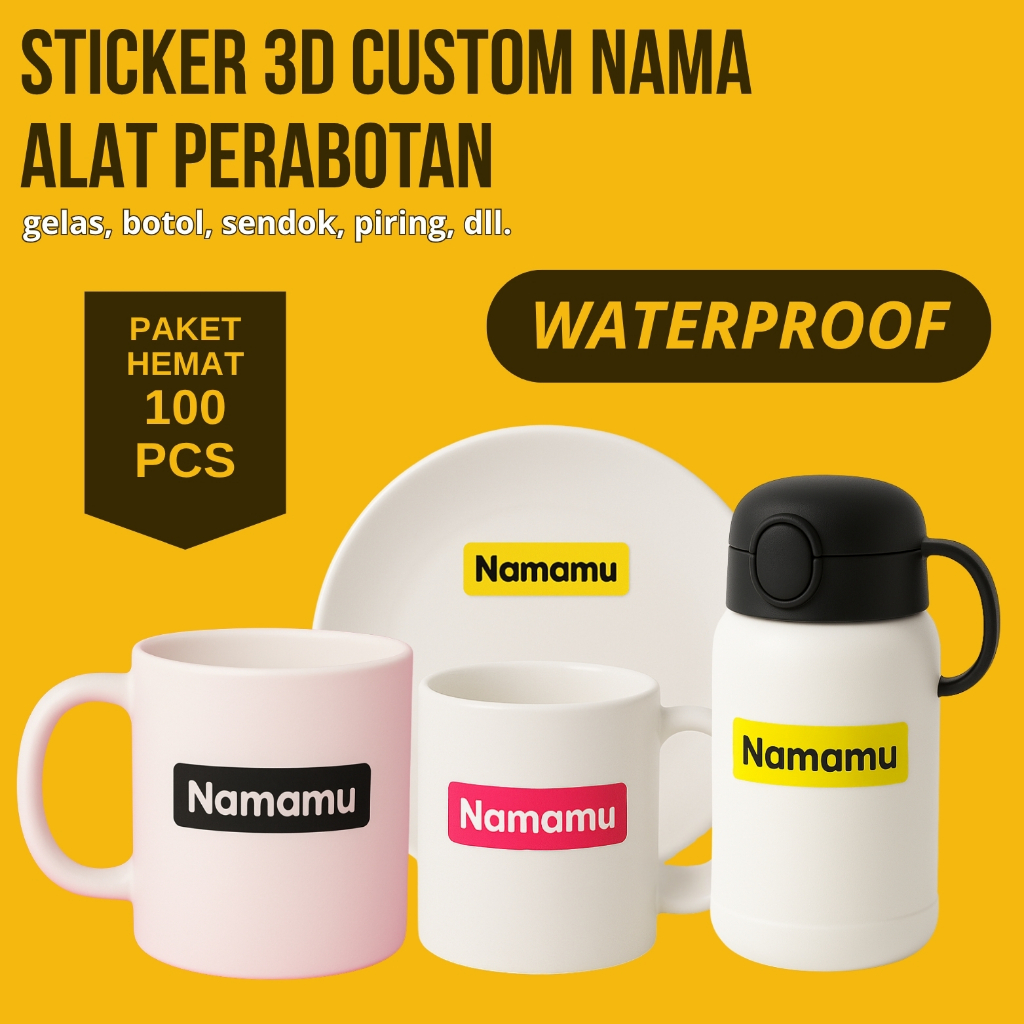 

100 PCS Stiker Barang Custom Nama Piring Sendok Botol Gelas Perabotan timbul waterproof label