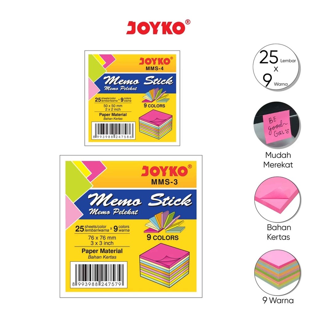 

Memo Stick Kertas Memo Tempel Sticky Note Joyko MMS-3 ~ 4 9 Warna