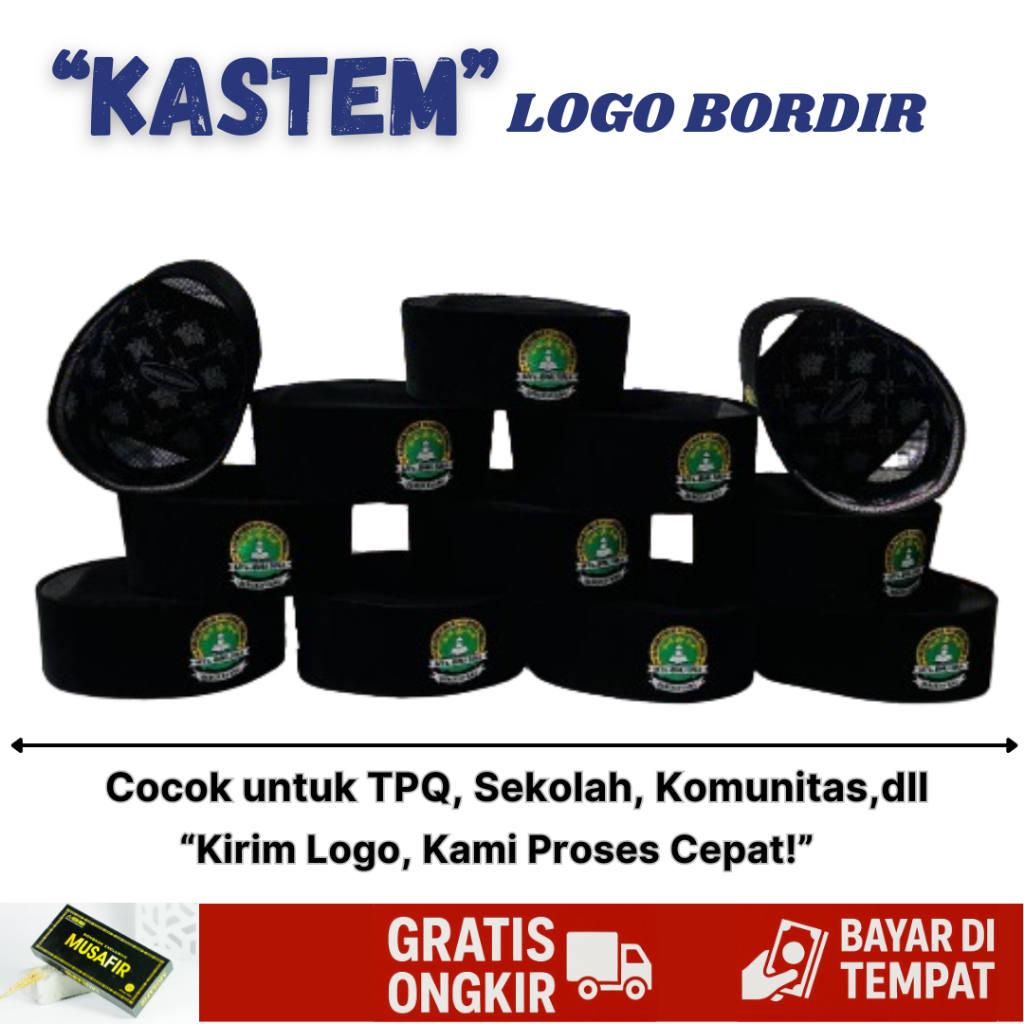 Peci Songkok Kastem Logo Bordir Sekolah Madrasah Organisasi Dll (Reques Logo Suka-Suka) Warna Hitam 