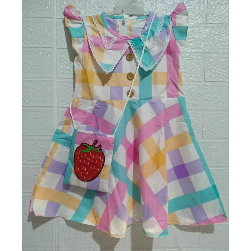 Dress Anak Perempuan 2-3 Tahun Motif Kotak Bonus Tas Semangka – Baju Anak Lucu Bahan Katun