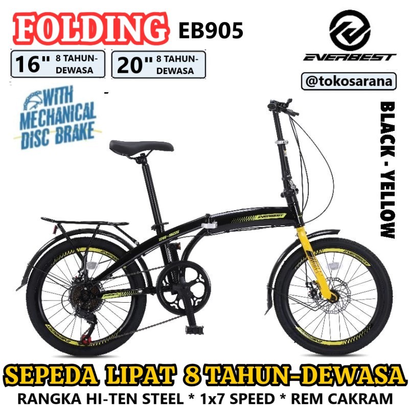 Sepeda Lipat Everbest EB905 16 / 20 Inci Rangka Steel 1x7 Kecepatan Rem Cakram Anak 8 Tahun Dewasa