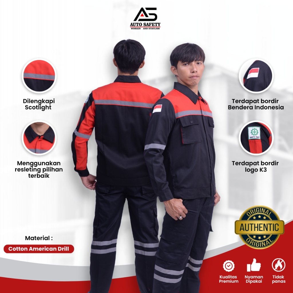 Seragam Atasan PDL Hitam Merah Auto Safety Baju Wearpack Lengan Panjang