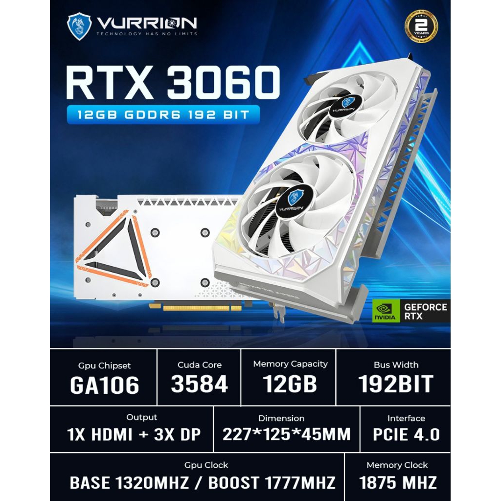 VGA CARD NVIDIA GEFORCE VURRION RTX 3060 12GB DDR6 WHITE
