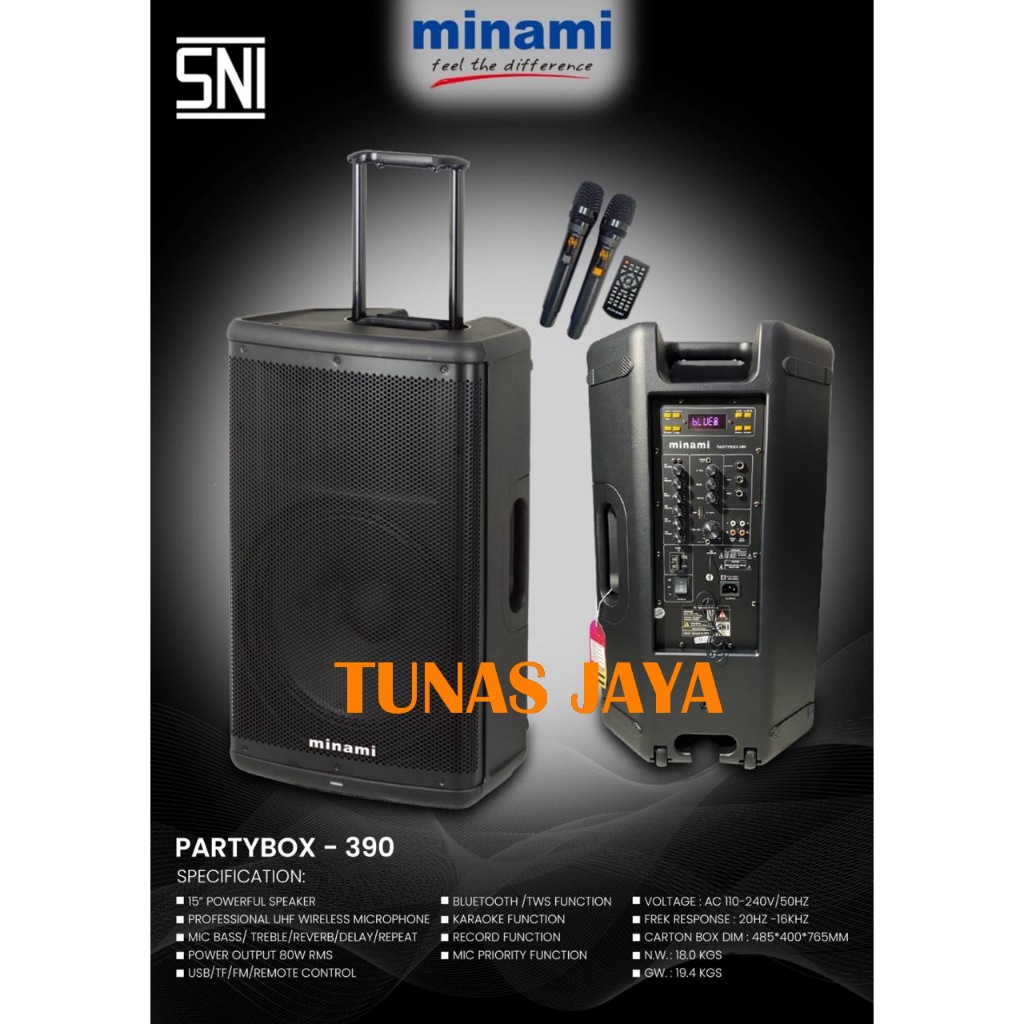 SPEAKER PORTABLE MINAMI PARTYBOX 390 / PARTYBOX -390 / PARTYBOX390 PREMIUM 2 MIC UHF ORIGINAL MINAMI