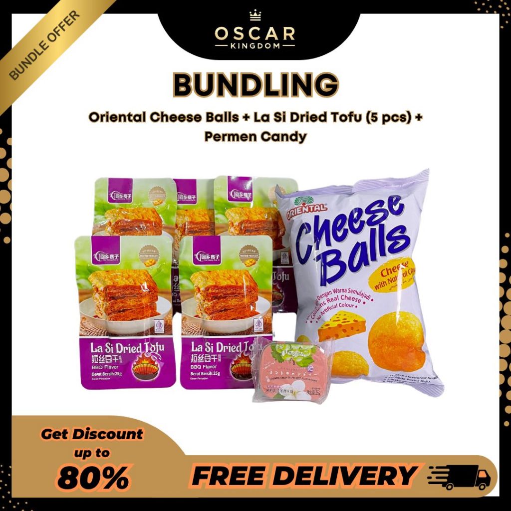 

[BUNDLING] Oriental Cheese Ball + La Si Dried Tofu Bbq Flo 5pcs + Permen Candy Mint Sea Salt 16gr