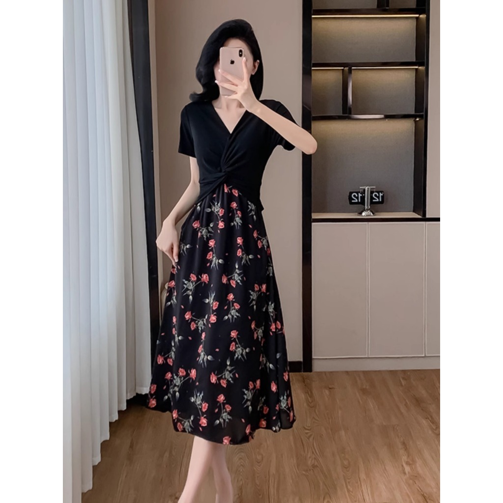 Discount EMITA BLOOM long dress hitam bunga lengan pendek dress natal wanita kekinian dress jumbo