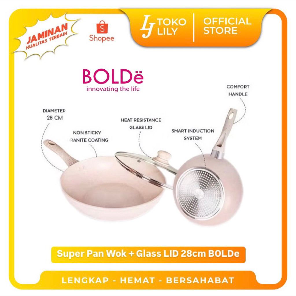 Panci Anti Lengket + Tutup Kaca Super Pan Wok Granite 28cm BOLDe