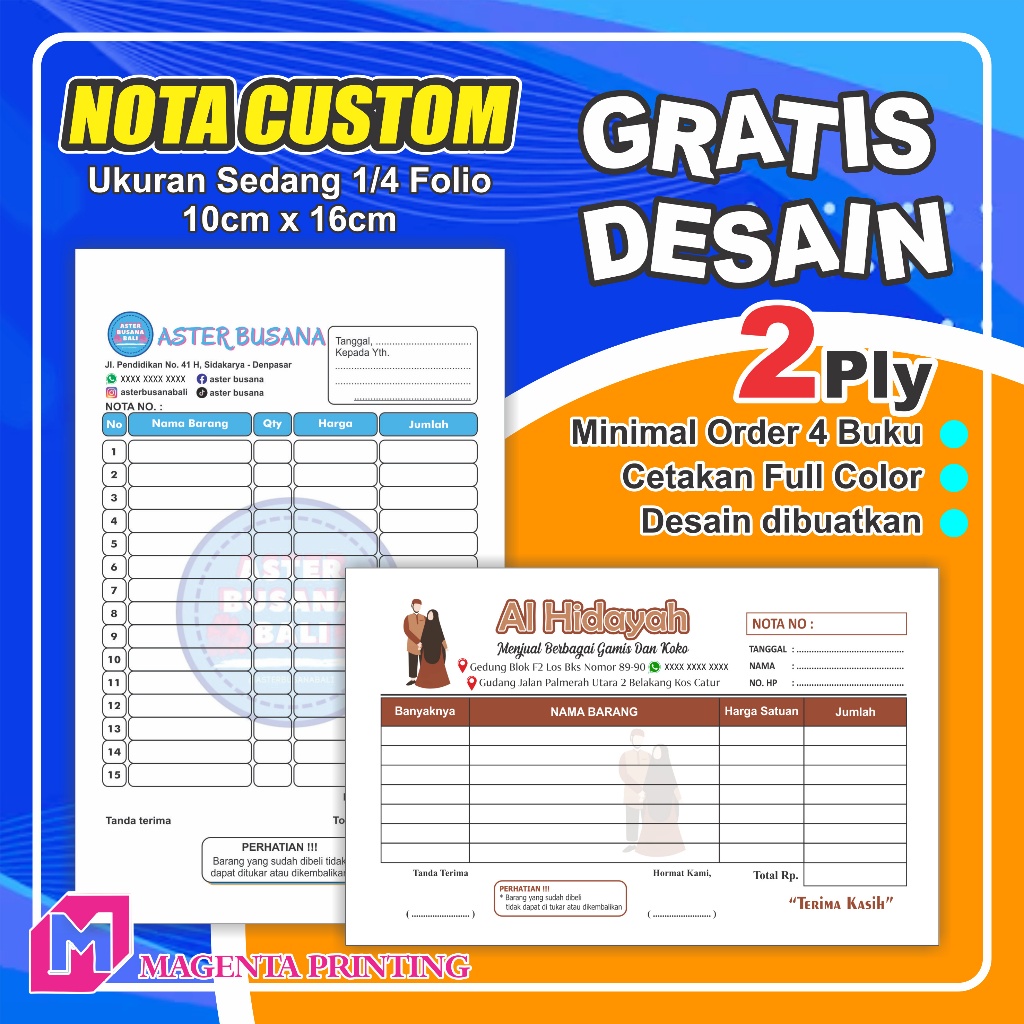 

Cetak Nota Custom 2 ply nama toko dan logo usaha sendiri ukuran sedang 1/4 folio Magentagrafika