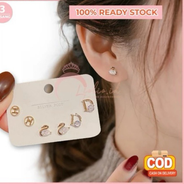 Anting Korea Wanita 1 Set 3 Pasang Model Tusuk Stud Angsa Huruf ANT137