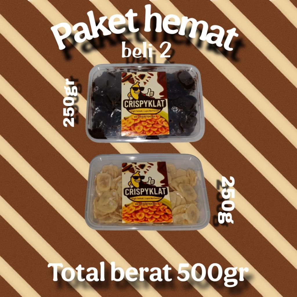 

Paket Hemat. Keripik pisang coklat lumer variasi,custem mix tinggal chat ya,tinggal kan pesan buat atur varian mix nya 250g+2 total 500g
