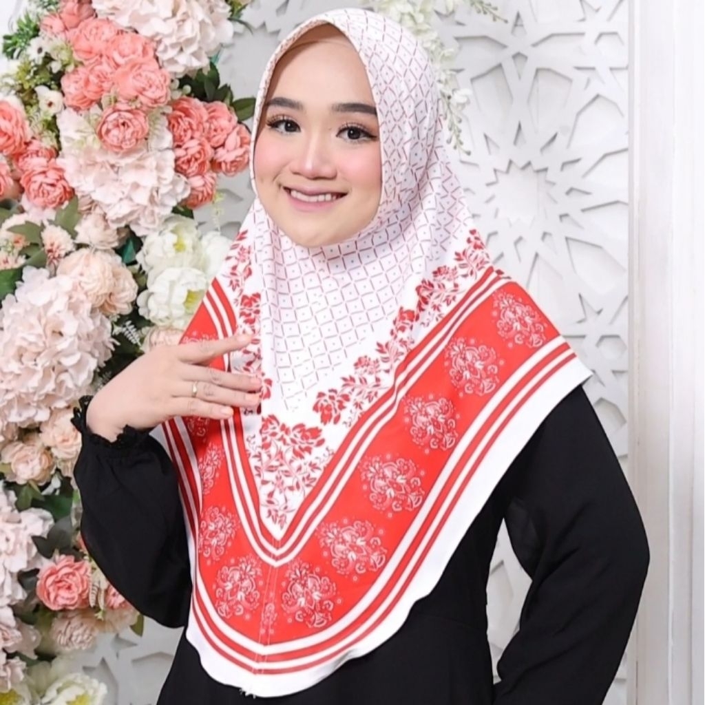 Majid_Hijab/Jilbab/Kerudung Bergo Instan Size XL Motif Bunga Merah Putih Jersey Premium
