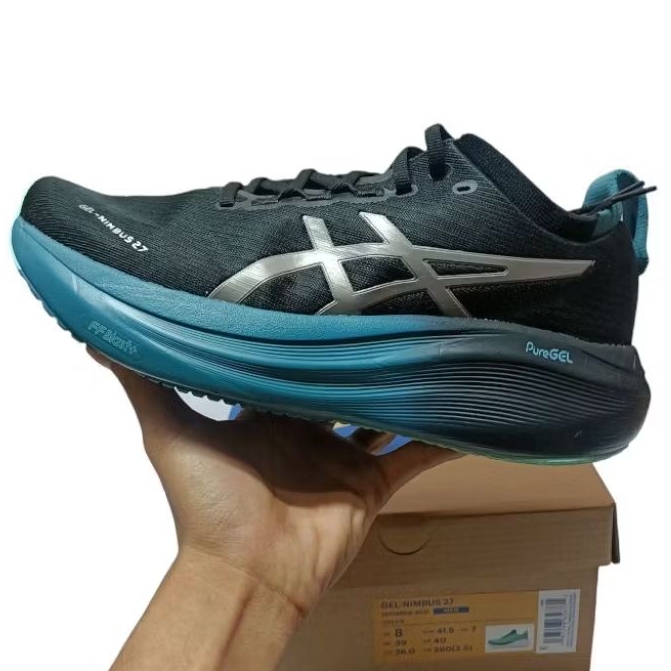 sepatu running pria Asics Gel-Nimbus 27 Platinum Black brown shoes training BNIB