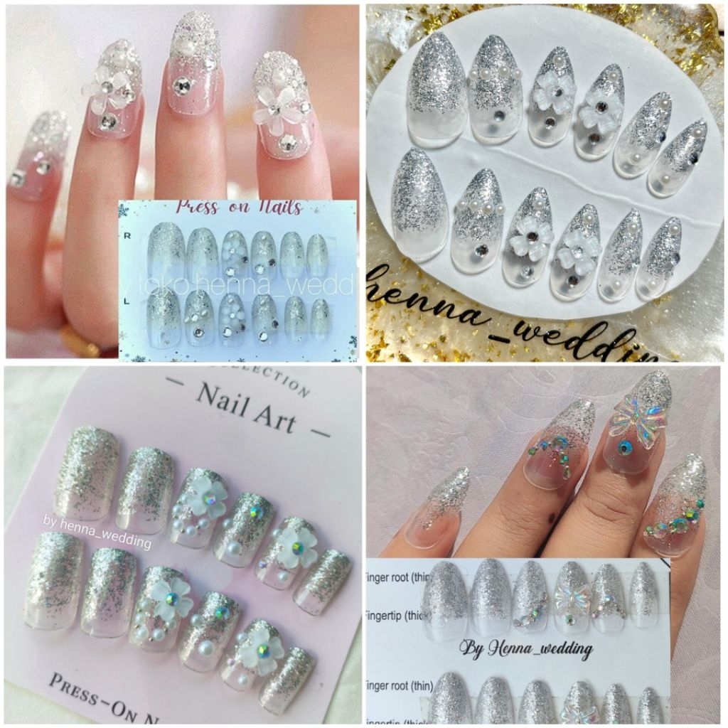 putih silver series 12 pcs kuku palsu 3D| kuku palsu 3d| kuku palsu pengantin