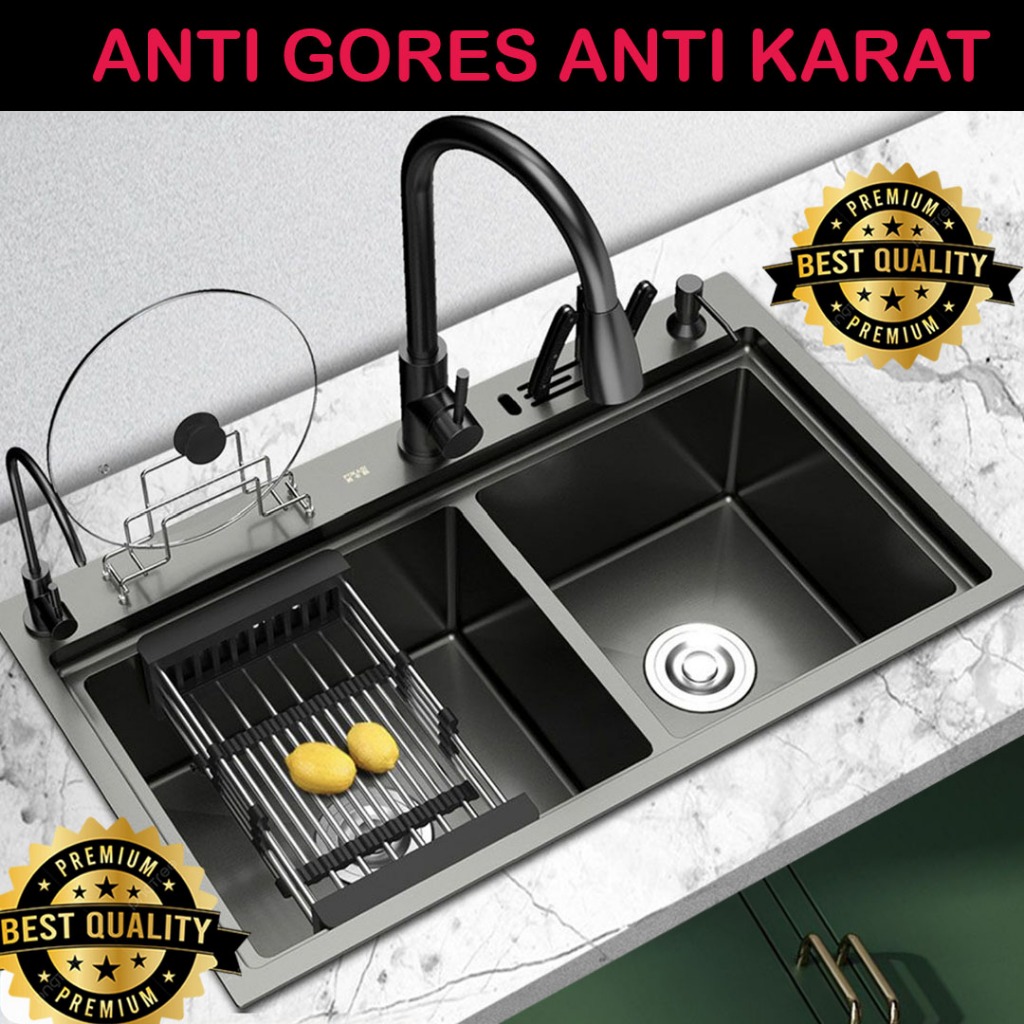 Kitchen Sink Hitam Black 8245 2 lubang JKM/INOBE/OMON/OKI/LG Bak Cuci Piring Hitam Tempat Cucian Cuc