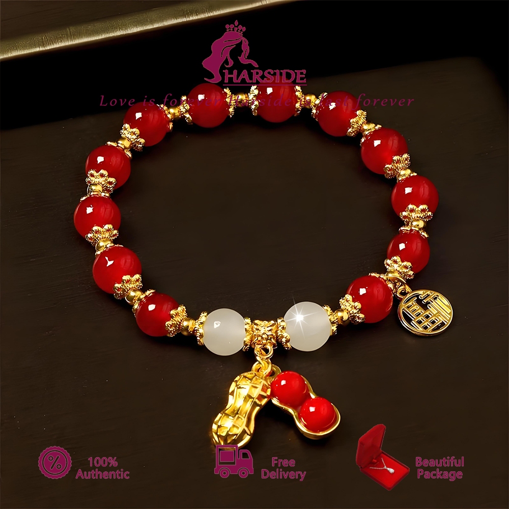 LAM HARSIDE Gelang Giok Asli Batu Kacang Titanium/Gelang Giok Kacang Wanita Berlapis Emas 18K Anti