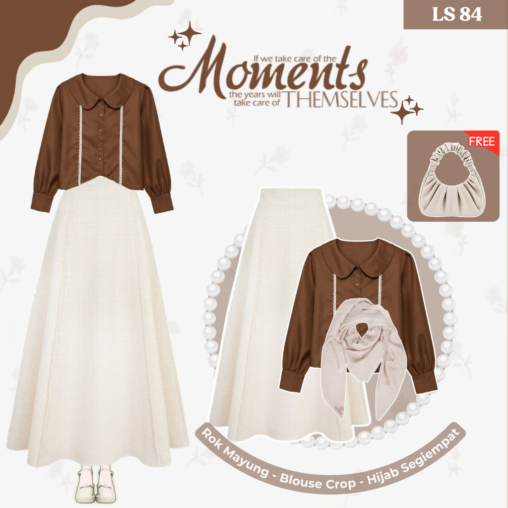 Outfit Wanita Kekinian ( Blouse Crop Top Korean Style katun Coklat, Rok Joda Mayung Hyget Ivory, Hij