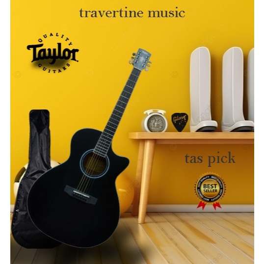 Gitar Guitar Acoustic Taylor Hitam Cutway Strings High Quality Limited Edition