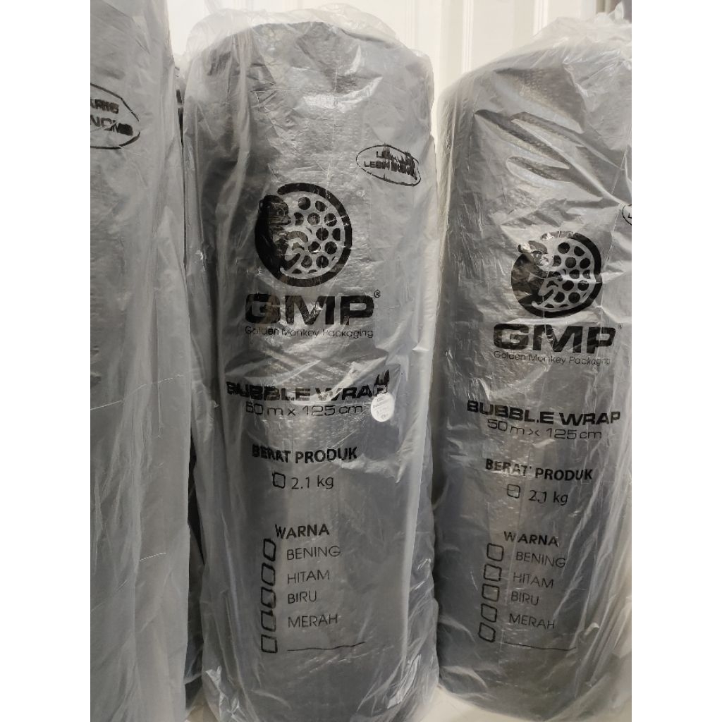 

Bubble Wrap GMP Bening/Hitam 2kg Lebar 125cm Panjang 50m Bubble 125cm x 50m