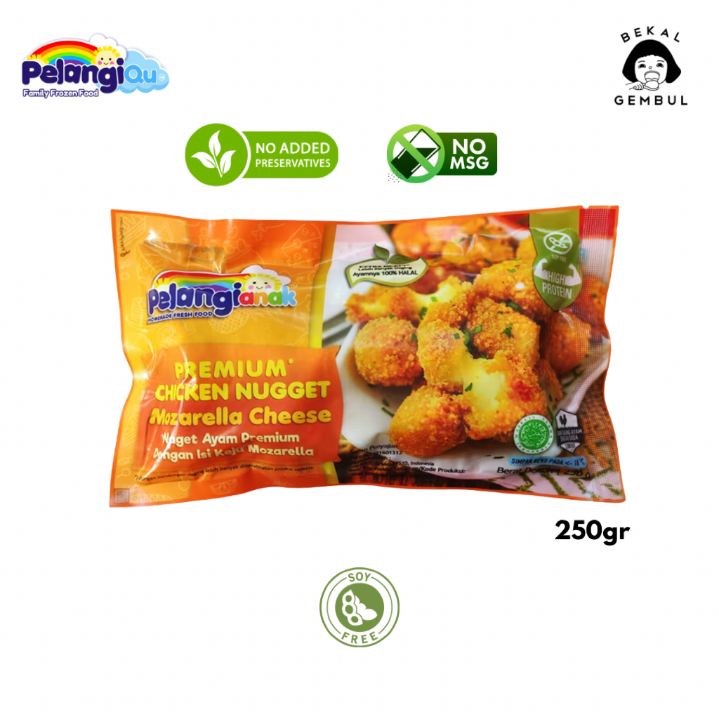 

Pelangi Frozen Food - NUGGET SEHAT AYAM MOZZARELLA MELTING Soy Free, Tanpa MSG & Tanpa Pengawet