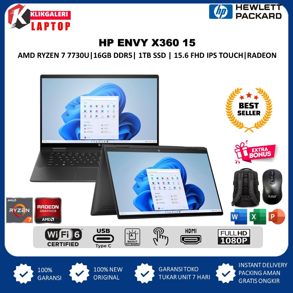 Laptop HP Envy X360 15 Amd Ryzen 7 7730U 16GB 1TB 15.6 FHD IPS TOUCH BL WIN11HOME