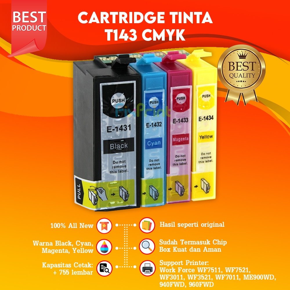 CMYK Epson 143 T143 Cartridge Tinta Compatible WF-7511 WF-3521 WF7511