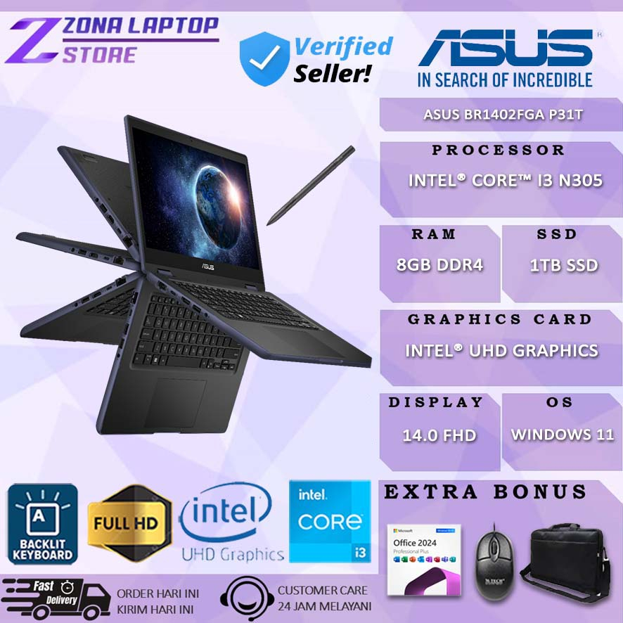 Laptop Flip Asus BR1402FGA P31T 2in1 Intel Core i3 N305 8GB 1TB 14 Inch FHD Stylus Pen Win 11 Home
