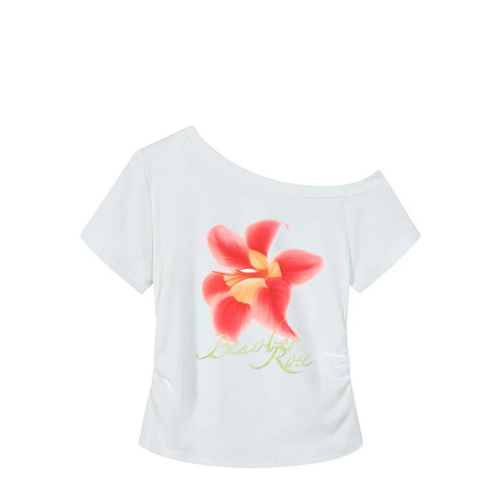 American retro "Bunga-bunga cantik" print Kaos Bahu terbuka Wanita Terbaru 2025|Asymmetrical Offshou